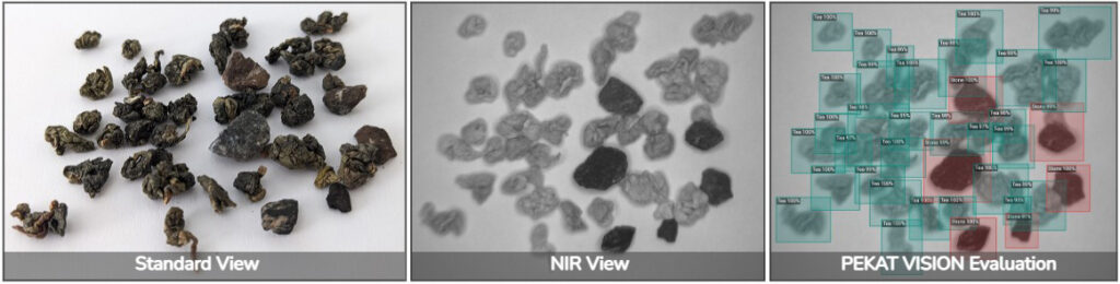 Tea leaves and stones randomly scattered and seen under visible light, NIR, and correctly classified in PEKAT VISION